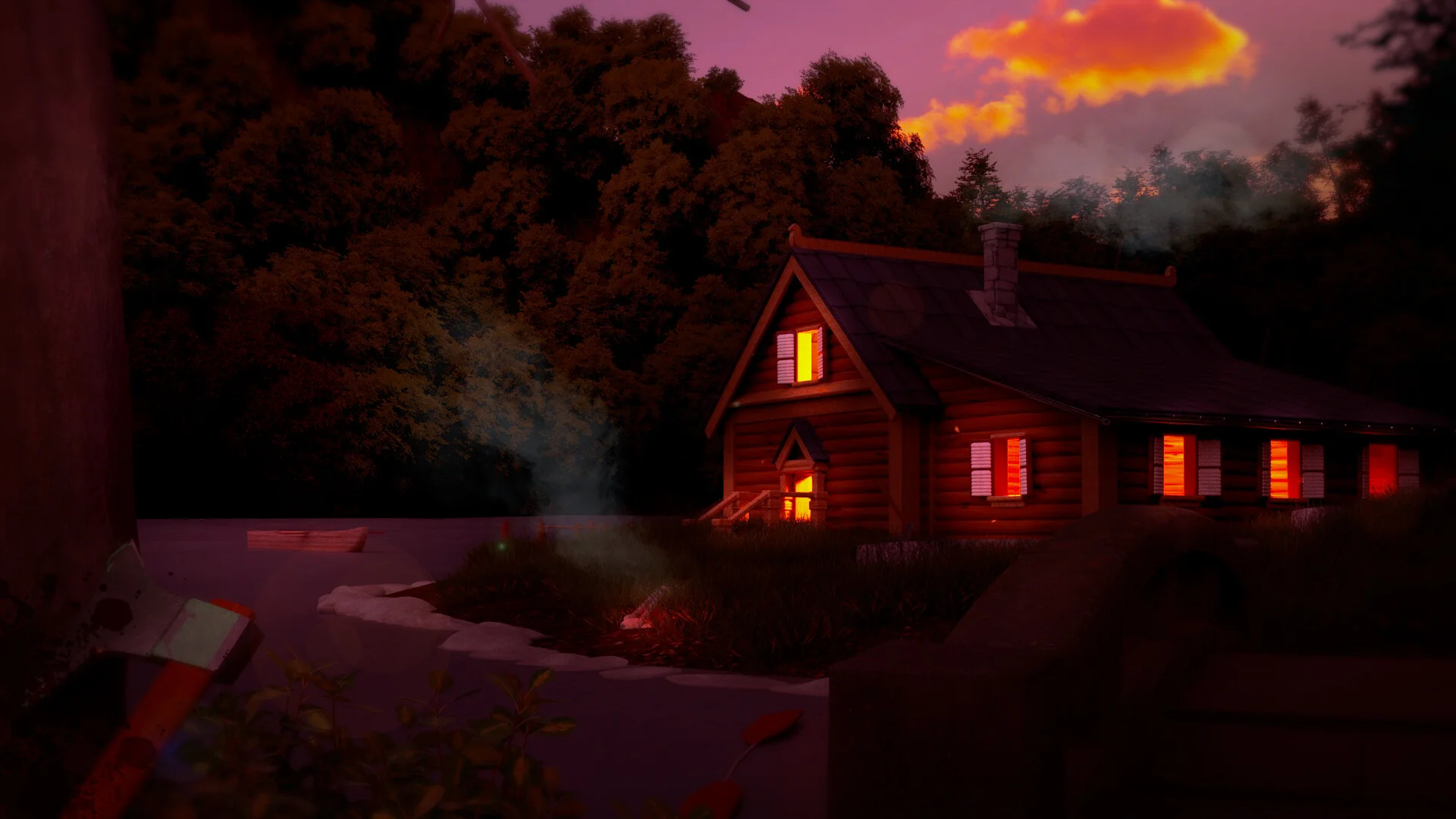 Environnement 3D nocturne représentant une cabane au bord d’un lac